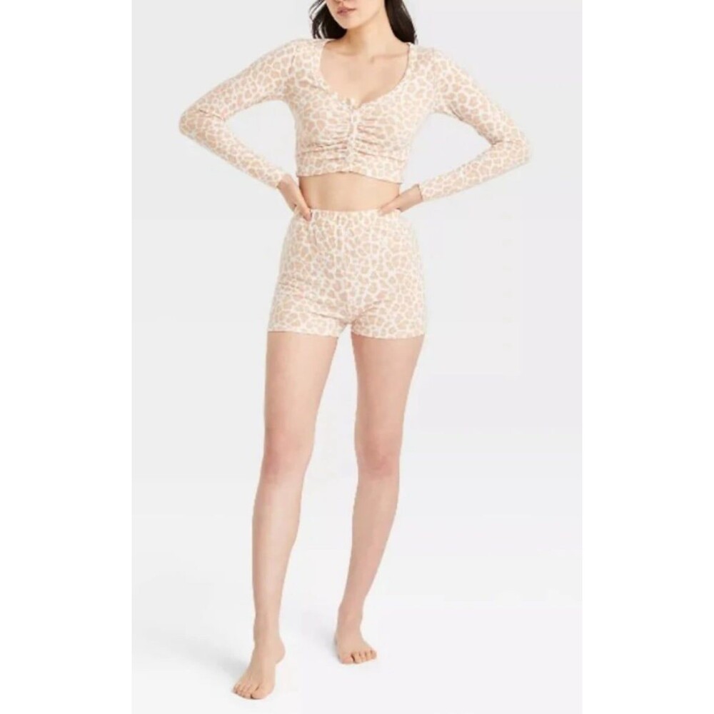 Colsie Tan and Pinkish Animal Print Ruched button up Top & shorts PJ Set - Picture 3 of 4